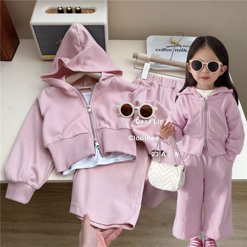 Girls' clothing pink casual suit baby fashionable hooded cardigan jacket + straight pants three-piece set 22072