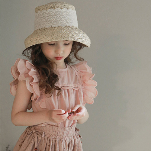 2024 Summer Strawberry Shan Korean Children's Clothing Children's Girls Solid Color Lady's Feather T-shirt