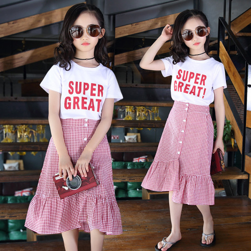 New children's clothing 2024 summer children's short-sleeved suit for girls, medium and large children, Korean style casual plaid two-piece skirt