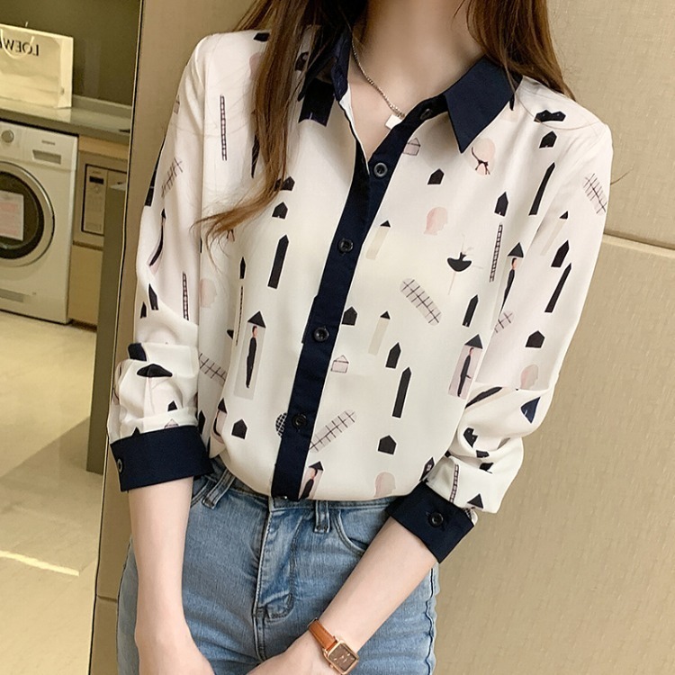 Actual shot of new autumn Korean version versatile color-blocked printed long-sleeved chiffon shirt women's bottoming chiffon shirt top