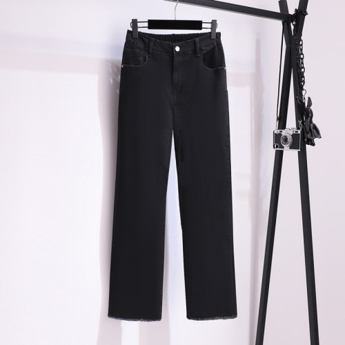 Extra large size women's trousers raw edge jeans super fat elastic nine-point pants small straight pants