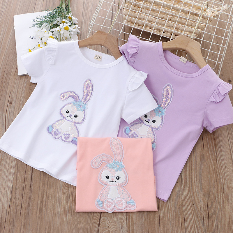 Girls summer short-sleeved T-shirt little girl bottoming shirt half-sleeved cotton sequins