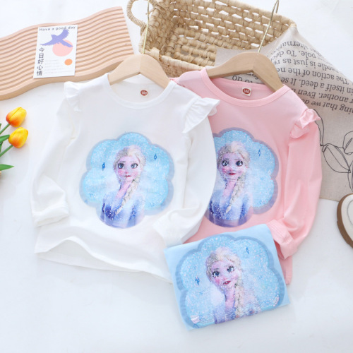 Children's autumn bottoming shirt girls' long-sleeved T-shirt double-sided color-changing sequined princess top cotton