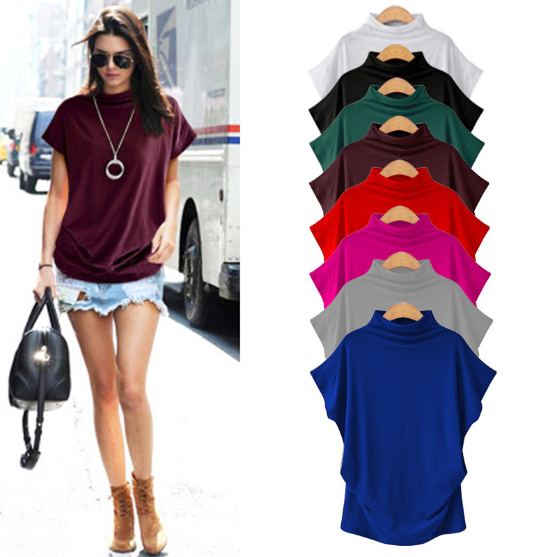 European and American plus size women's turtleneck tops WISH Amazon turtleneck T-sleeve short-sleeved T-shirt for women