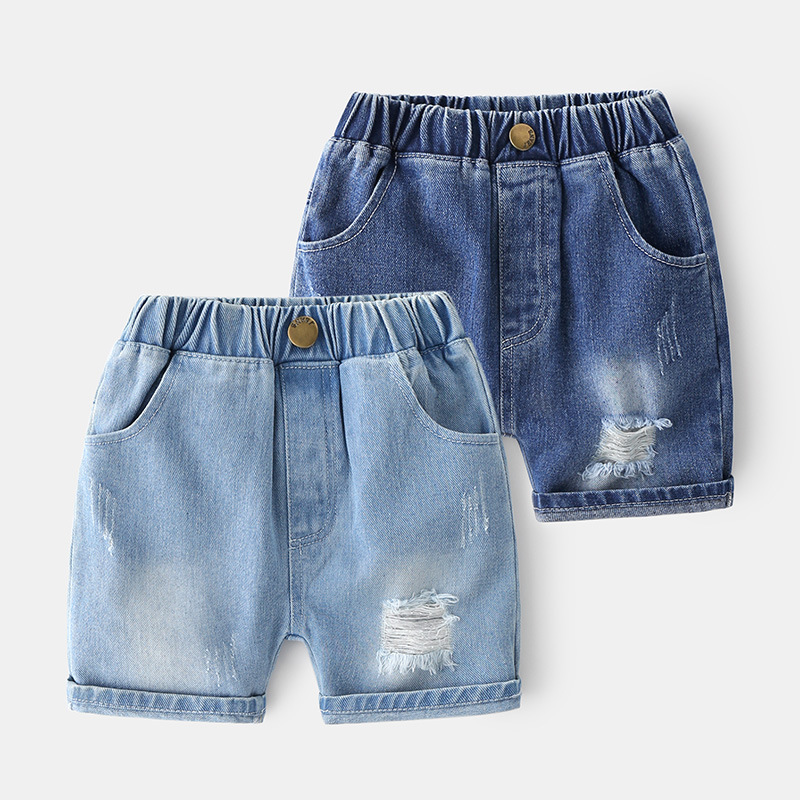 Summer boys' cotton denim shorts, soft casual style mid-waist rubber band belt mid-pants