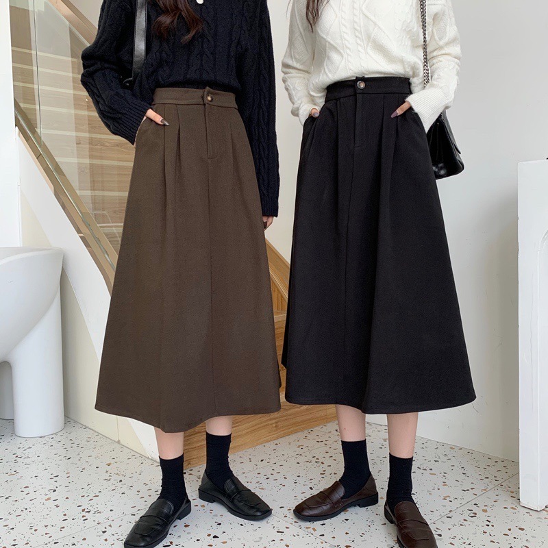 Loose woolen skirt for women, autumn and winter, Korean style workwear style, high waist, elastic waist, mid-length A-line skirt for girls