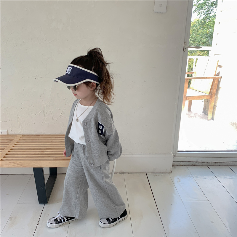 Girls Baseball Uniform Autumn Korean Style Girls Towel Embroidered Label Cardigan + Flare Pants Two-piece Set 81007