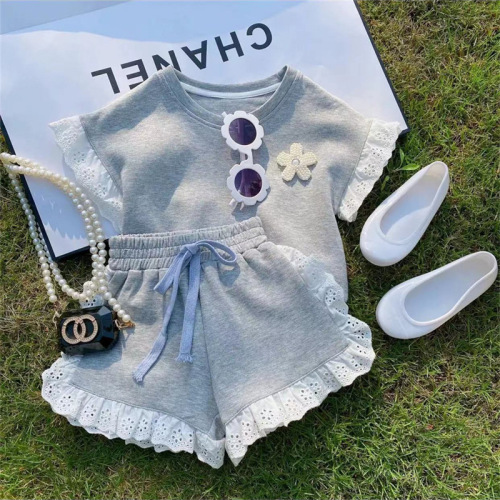 Girls short-sleeved suit summer new children's solid color two-piece set baby fashionable sportswear trend 38150