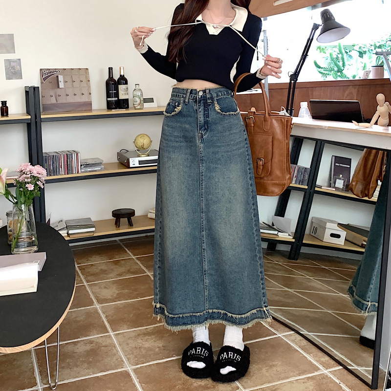 Autumn Korean style design raw edge denim skirt for women retro ins high waist slim A line mid-length skirt