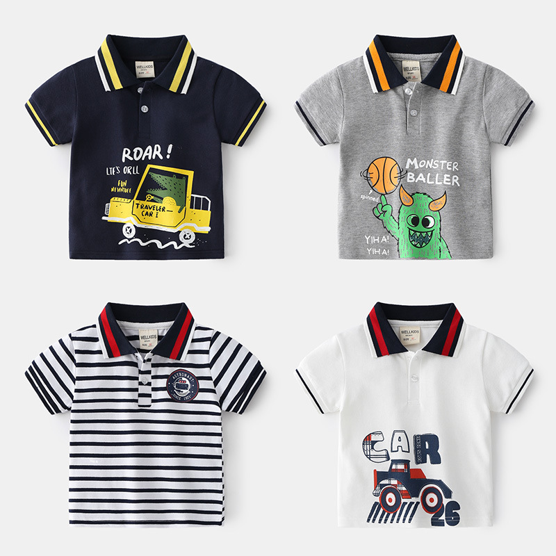 New four-color optional boys' cartoon letter printed short-sleeved POLO shirt, summer fashion trend short-sleeved shirt