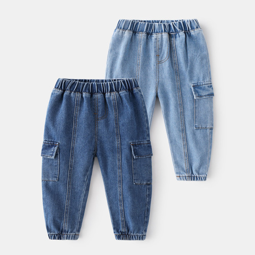 New spring boys' denim trousers, casual cotton soft trousers, Korean style trendy mid-waist monochrome children's trousers