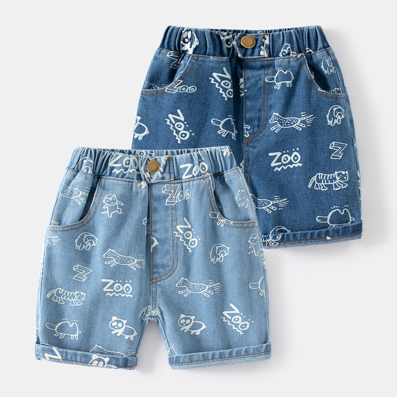 Cartoon pattern outdoor play rubber band belt three-quarter jeans, school travel and travel mid-waist children's jeans