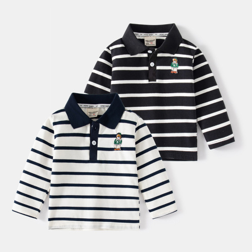 Handsome black and white striped boys' long-sleeved POLO shirt, spring outing casual T-shirt, lapel long-sleeved children's T-shirt