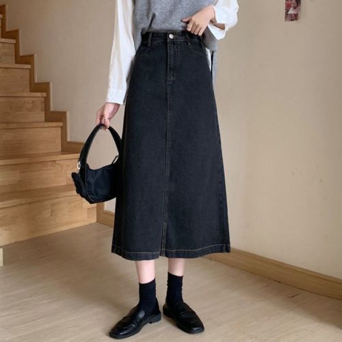 High-end black and gray 2024 new autumn mid-length denim skirt for women with high waist and slimming A-line hips