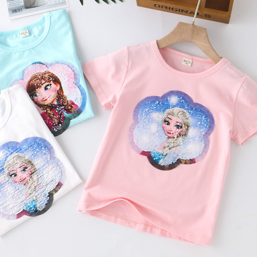 Girls color-changing sequined T-shirt little girl short-sleeved top summer new Korean style half-sleeved cotton