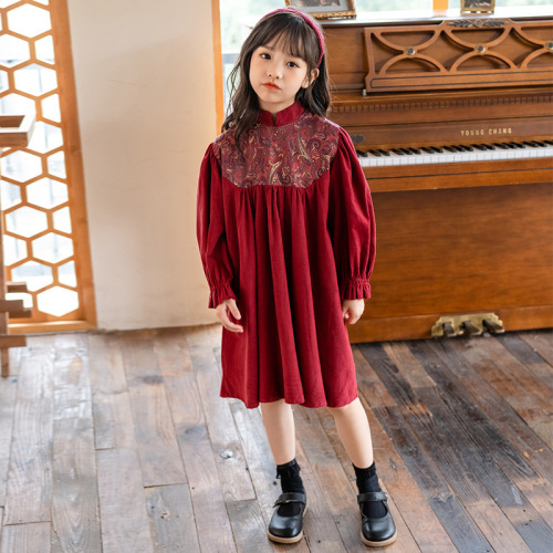 Girls autumn and winter dress children's red stand-up collar skirt Chinese style New Year's greetings dress little girl's fashionable autumn dress