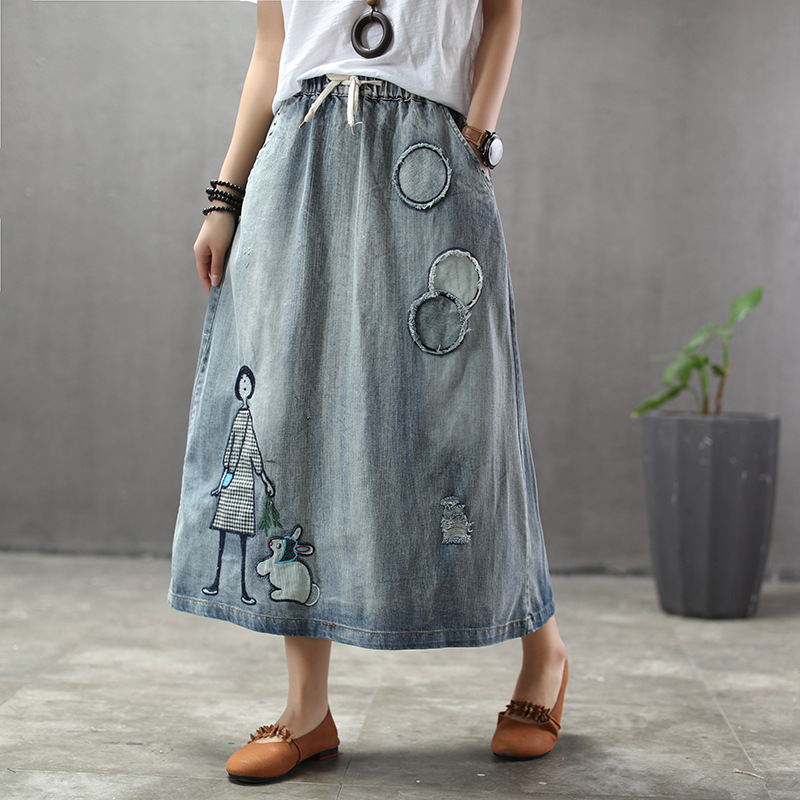 Spring retro printed patch denim skirt for women circle patch elastic waist ripped washed denim skirt