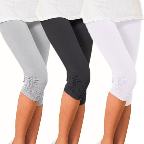 Stretch pleated three-point leggings with ribs for women, shorts for women's shorts, 7-point pants