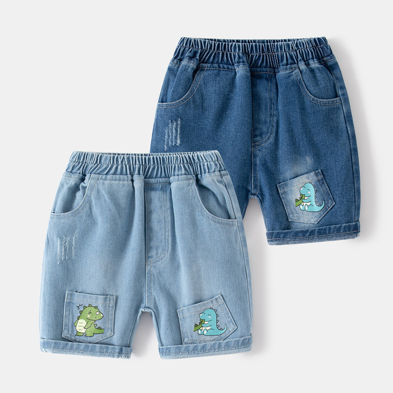 Cartoon pattern boys' denim shorts, cute little dinosaur children's denim shorts, outdoor sports and leisure shorts