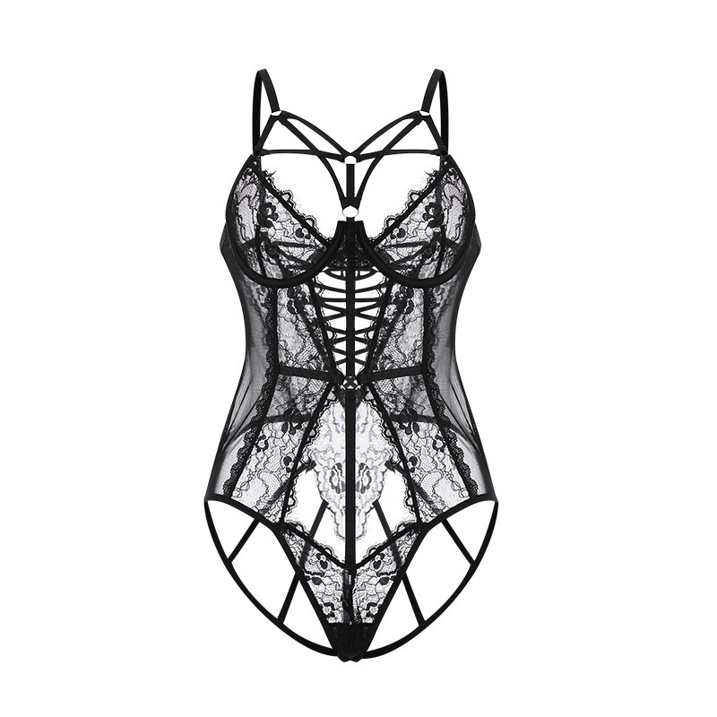 Sexy lingerie, feminine, hollow, tempting, steel rings gathered, hot, see-through jumpsuit, uniform suit