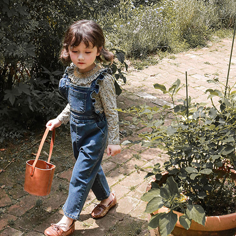 2024 Spring Strawberry Shan Korean Children's Clothing Children's Girls Lotus Shoulder Denim Jumpsuit