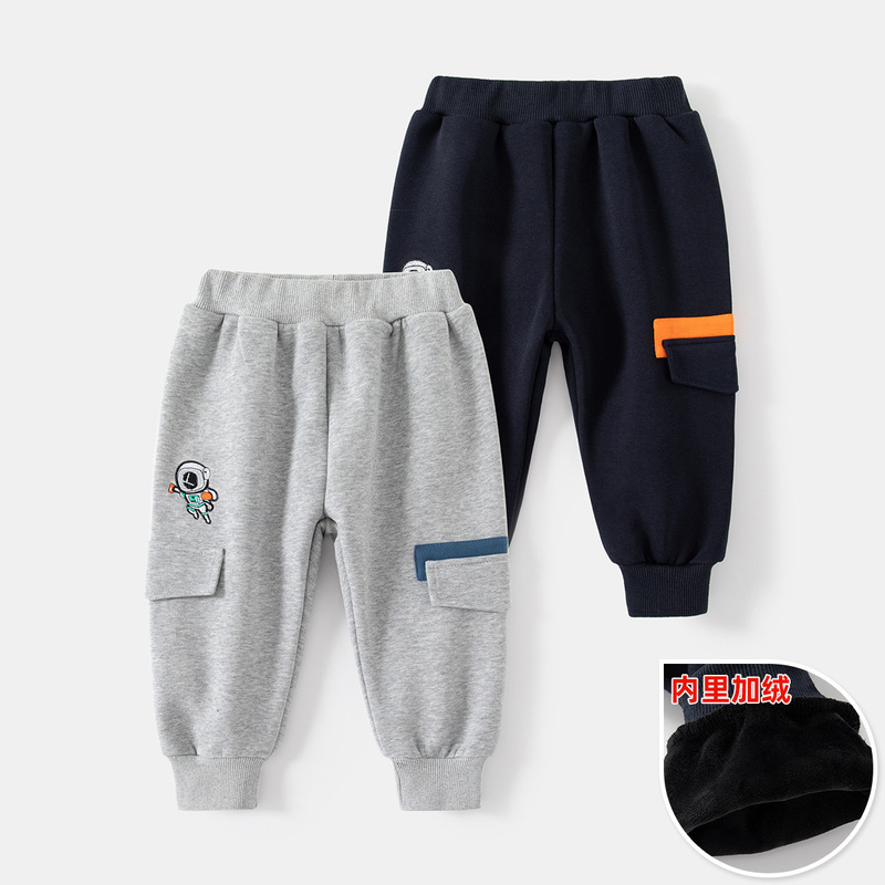 Autumn and winter velvet warm boys' sports pants, fashionable cartoon mid-waist cotton trousers, children's pants and children's sports casual pants
