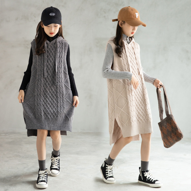 Girls Dress Autumn and Winter Korean Style Children's Clothing Girls Hooded Thickened Sweater Knitted Skirt Casual Sports Vest