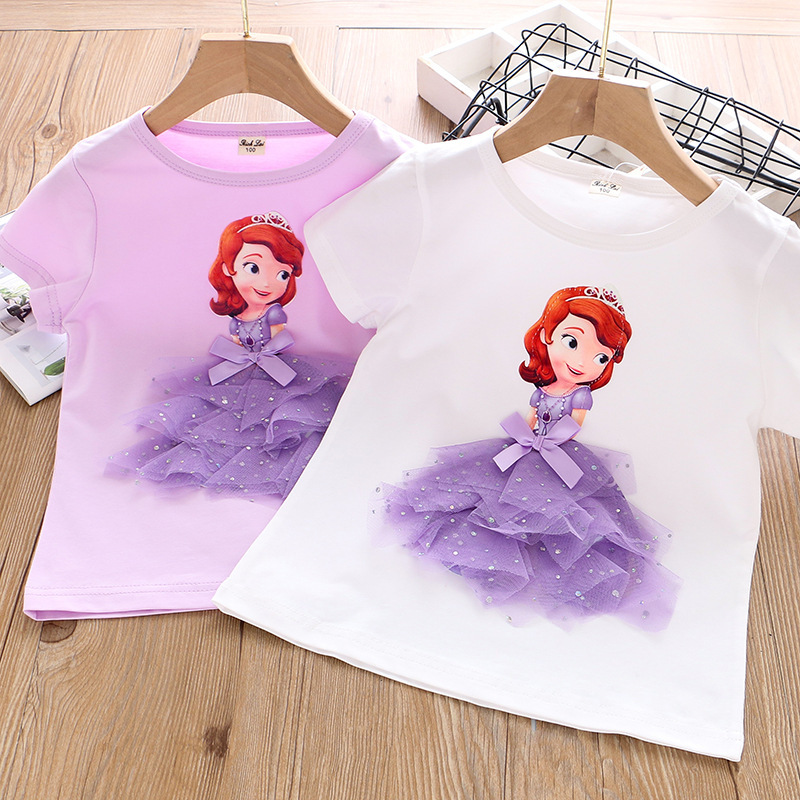 Girls' new three-dimensional princess children's clothing summer short-sleeved half-sleeved bottoming shirt T-shirt Amazon