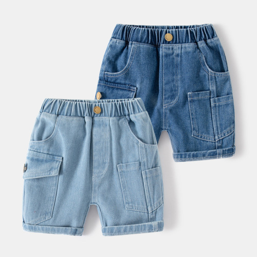 New multi-pocket boys' denim shorts, cotton outdoor play children's shorts, cool summer denim shorts