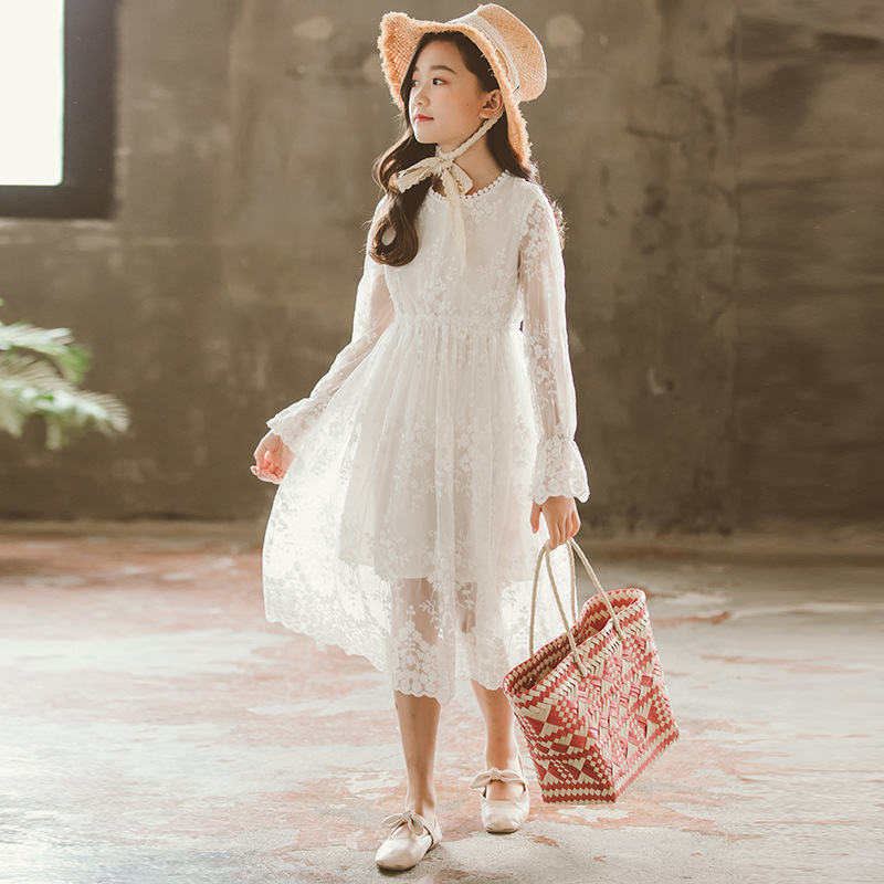 Girls' dress, water-soluble lace skirt, high-waisted, elegant beach vacation skirt, parent-child skirt, middle-aged and older children