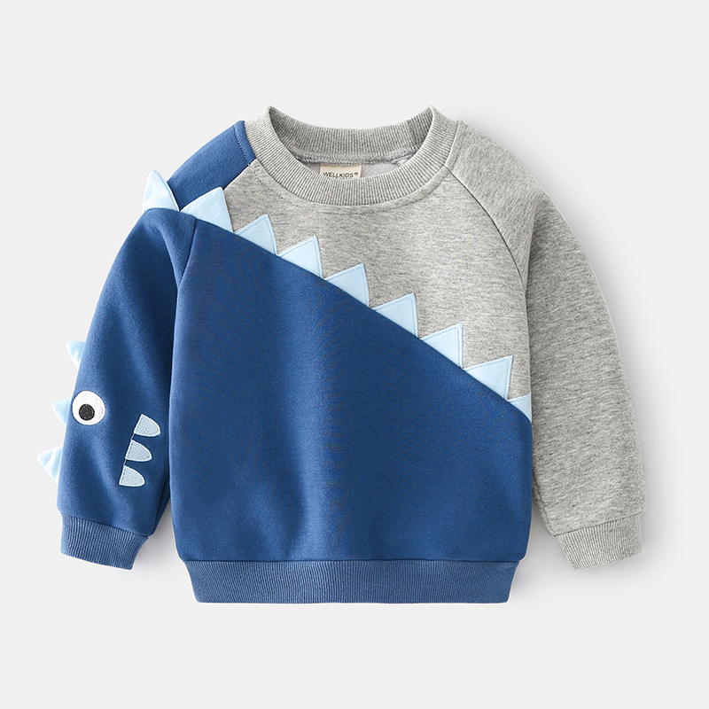 Blue and gray splicing color boys' fleece sweatshirt casual trendy Korean fashion long-sleeved children's fleece cotton pullover