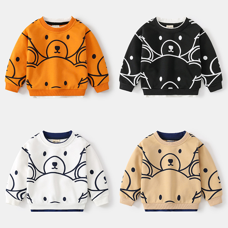 Autumn trendy boys' sweatshirts monochrome cartoon bear casual tops round neck cotton long-sleeved children's pullovers