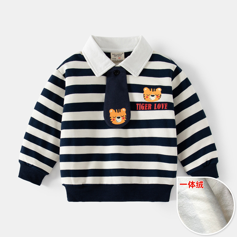New autumn and winter boys' all-in-one velvet sweatshirt Cartoon little lion lapel striped casual sweatshirt for small and medium-sized children