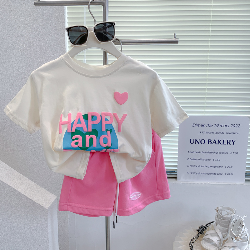 Girls short-sleeved sports suit summer new casual letter printed T-shirt shorts two-piece set children's clothing 38097