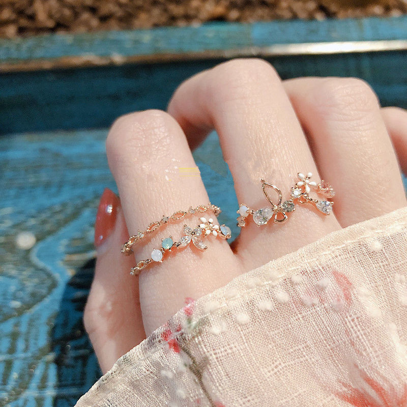 Korean style diamond flower open ring flower fairy super fairy temperament beautiful ins trendy adjustable index finger ring