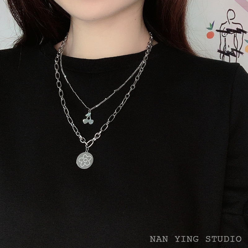 Cherry Flower Double Layer Simple Stacking Necklace Women's Personalized Design Sweater Chain Long Titanium Steel Clavicle Chain