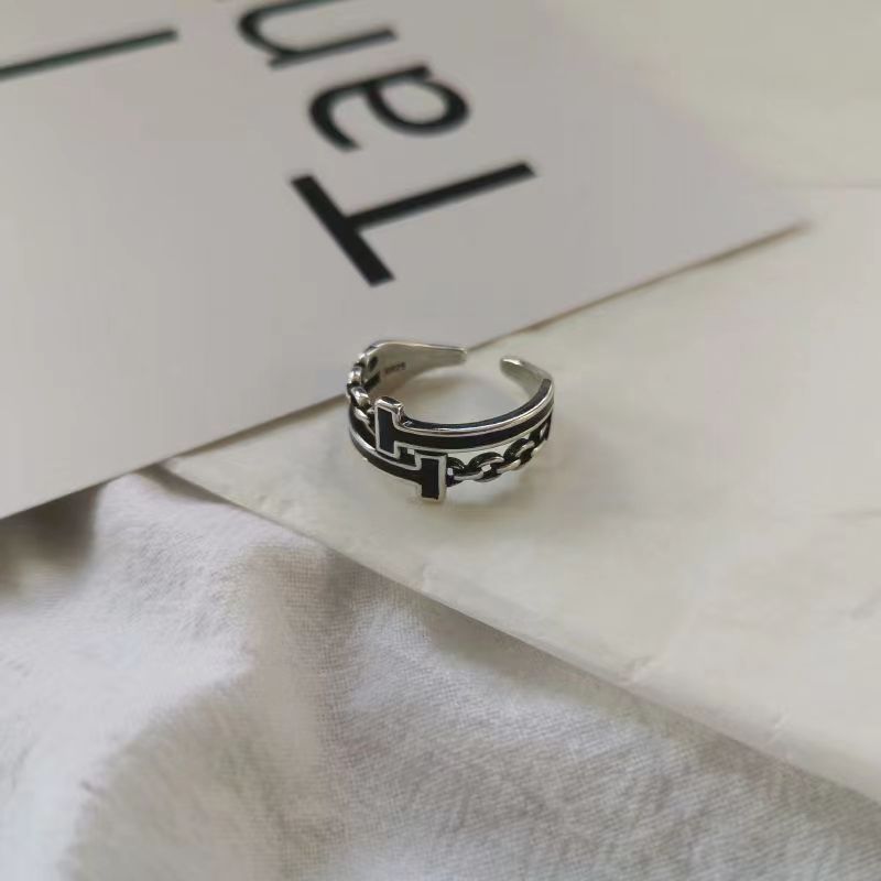 [Copper] ins trendy retro black double T open ring female personality niche hip-hop design index finger ring