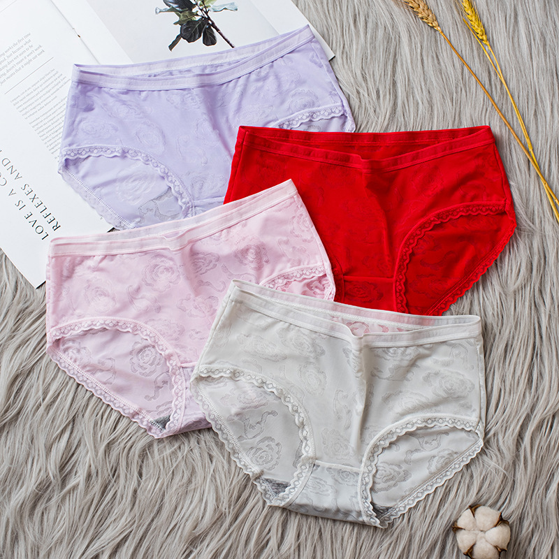 Ice silk underwear women's underwear cotton wholesale summer jacquard mid-waist underwear breathable lace women's underwear