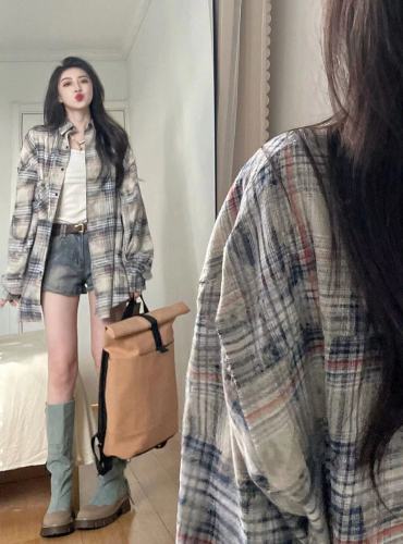 2024 Autumn and Winter American Retro Plaid Shirt Women's Loose Versatile Casual Cardigan Long Sleeve Lapel Shirt Jacket Trendy