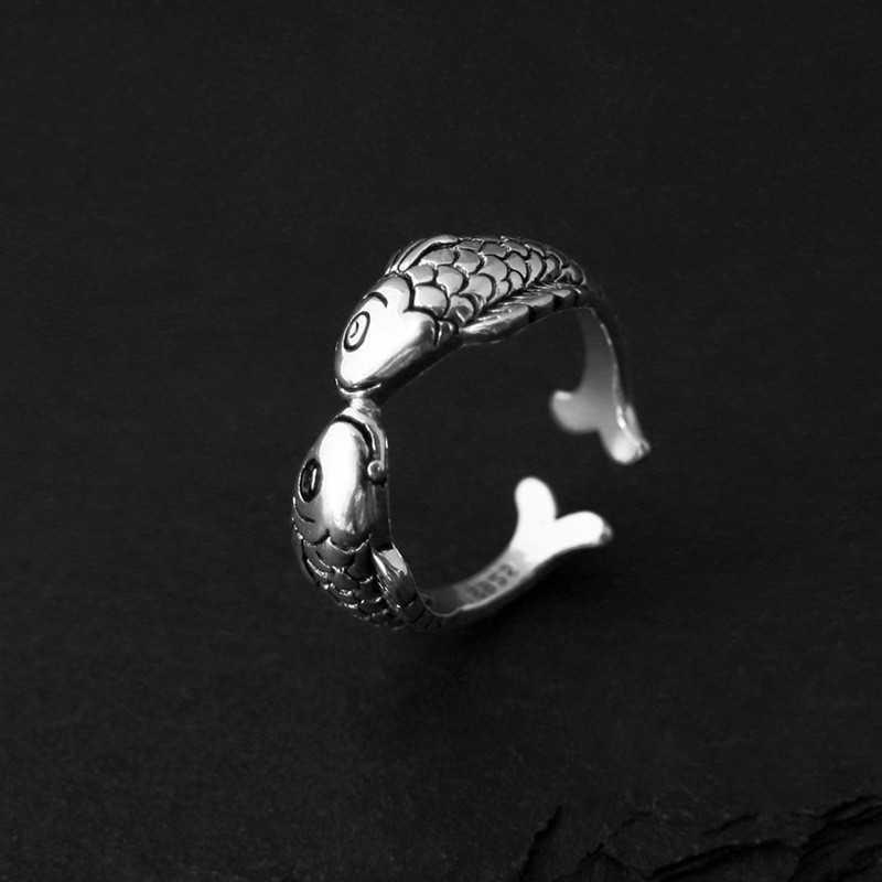 Literary Chinese Style Double Carp Ring Feminine Simple Retro Old Design Open Ring Ring Men