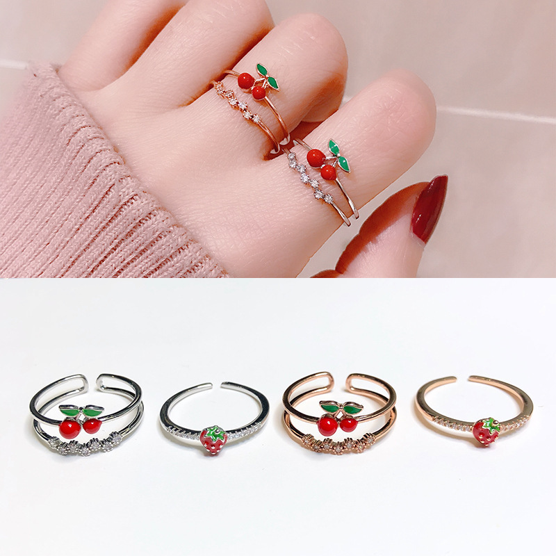 Japanese and Korean internet celebrity girl heart cute little strawberry cherry open ring fresh ring niche bestie sister ring
