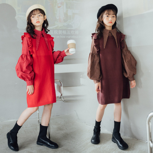 1997 Girls' Dress New Year's Clothes Sweater Autumn and Winter New Korean Style Children's Clothes Fake Two-piece Knitted Skirt Forest Style