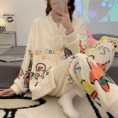 Japanese ins style coral velvet pajamas women's autumn and winter long-sleeved plus velvet thickened warm flannel home wear set