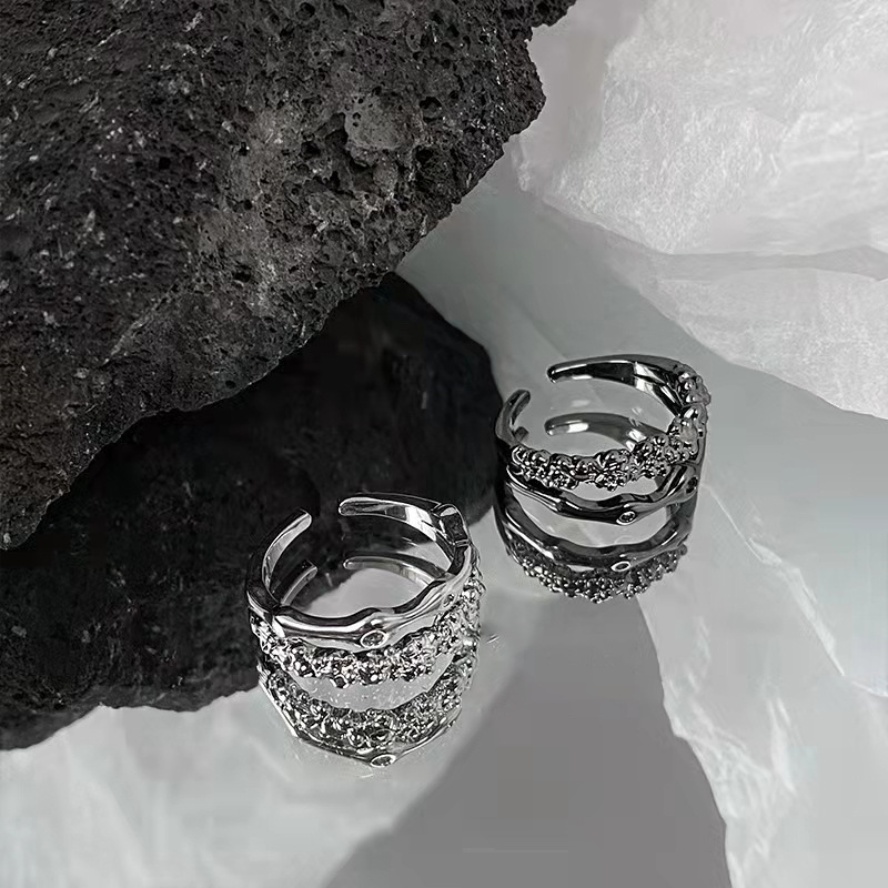 Niche design double-layer zircon high-end sense ins cool style irregular texture trendy cool women's fashion ring index finger