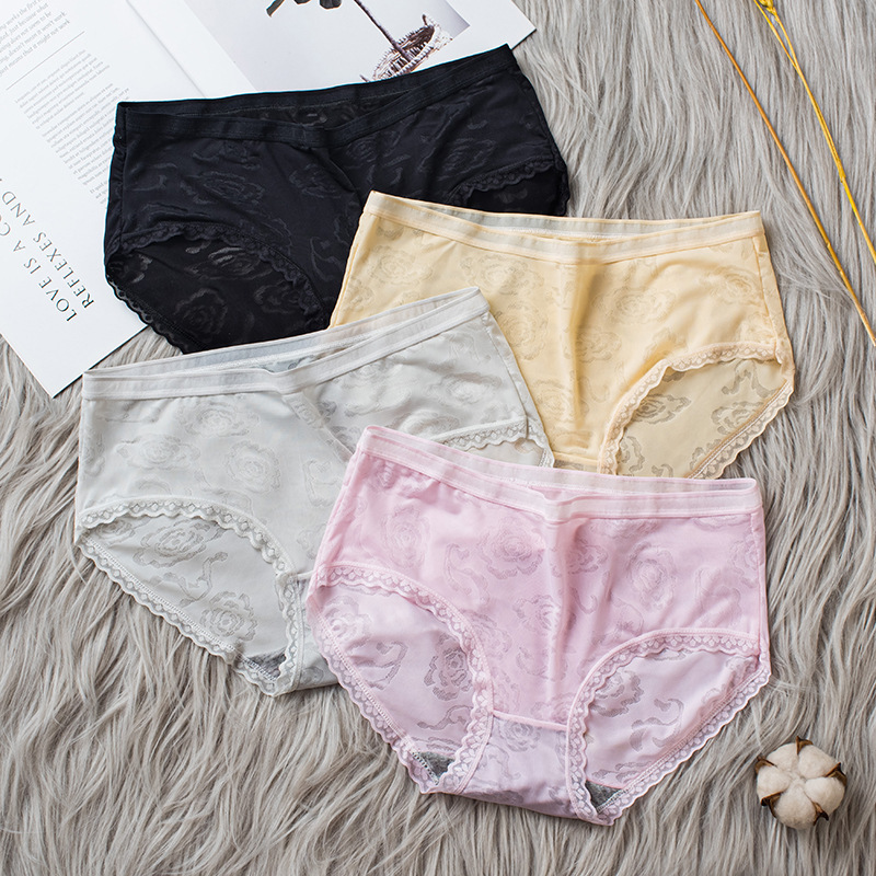 Summer new ice silk jacquard mid-waist underwear women's butt lifting pure cotton crotch breathable lace women's underwear