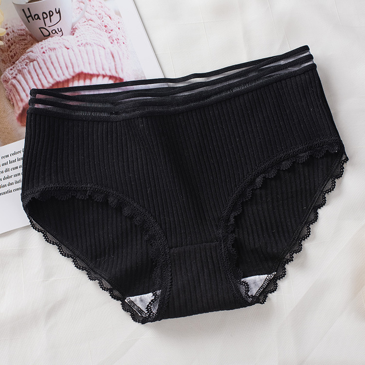 Lace Japanese women's underwear threaded mid-waist large size pure cotton briefs women's briefs all black