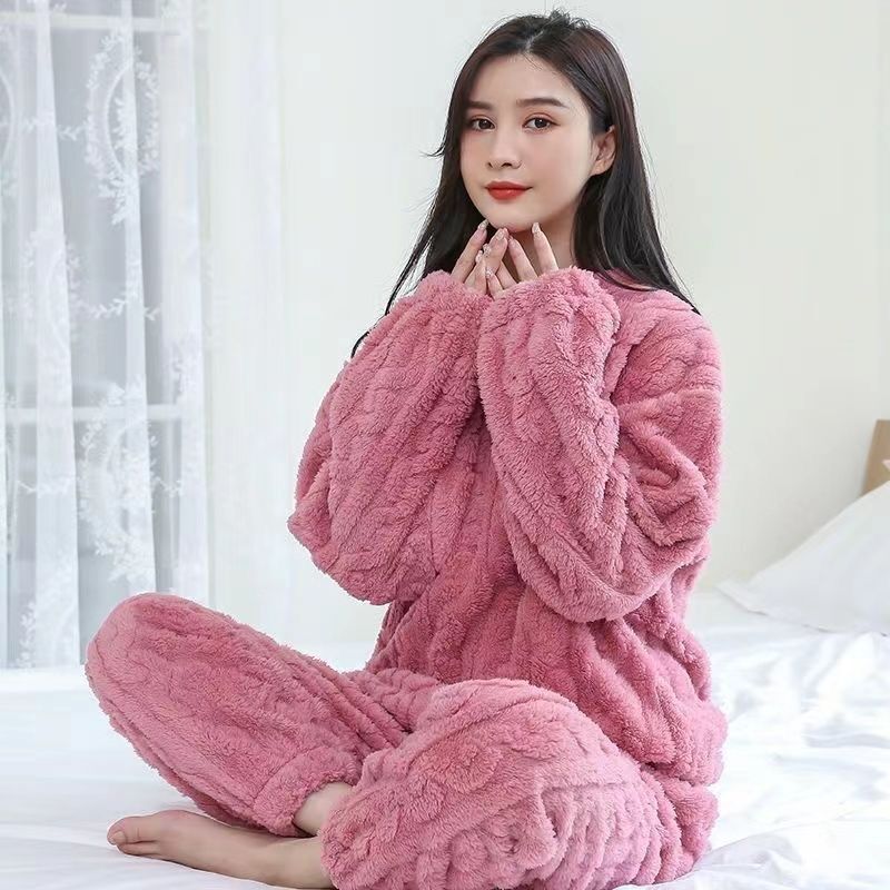 Coral velvet jacquard pajamas women's autumn and winter new plus velvet thickened super thick velvet winter home wear two-piece set