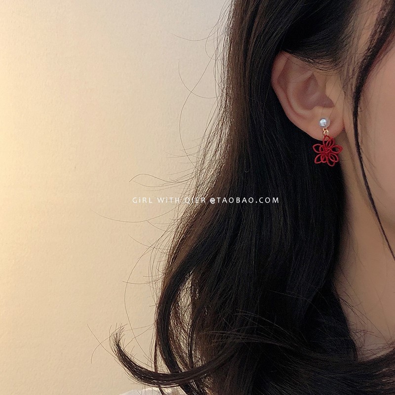 Red flower temperament new trendy pearl round face Internet celebrity Korean earrings slimming earrings earrings