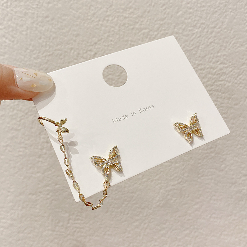S925 silver needle personalized full diamond butterfly earrings high-end asymmetric ear cuff S925 silver needle earrings