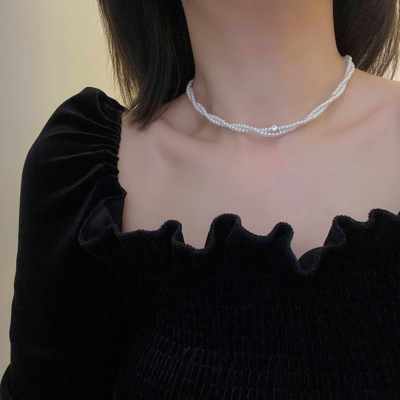 Summer gentle pearl clavicle chain zircon wrapped double-layer niche highlight pearl necklace feminine fairy necklace
